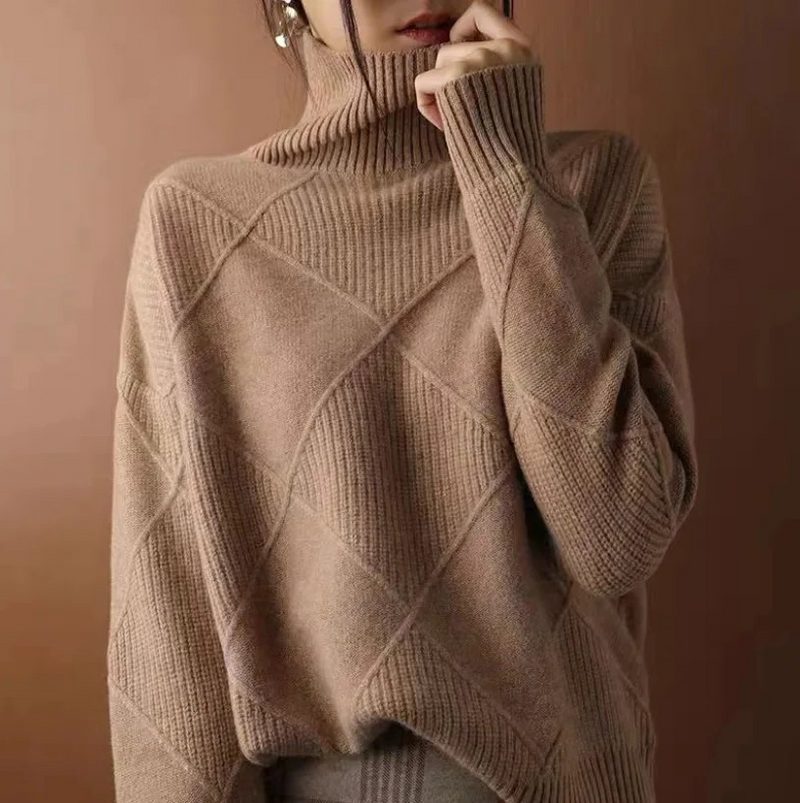 Romilly | Beige White Green Red Chunky Roll Neck Jumper — Khaki