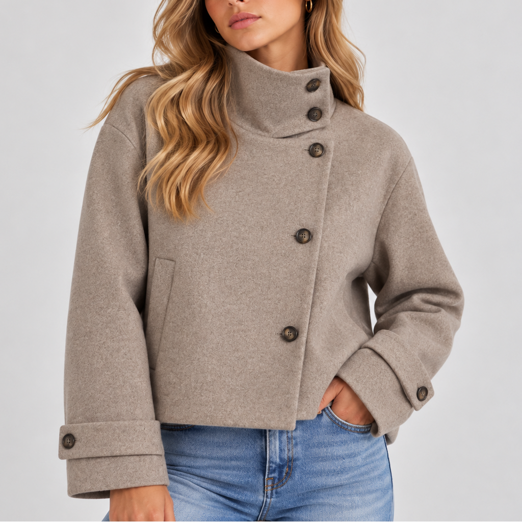 Eloise | Faux Fur Trim Cropped Puffer Jacket Coat — Beige