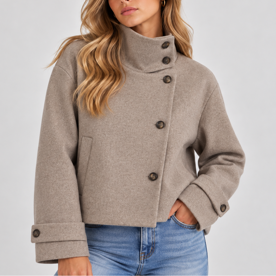 Eloise | Faux Fur Trim Cropped Puffer Jacket Coat — Beige