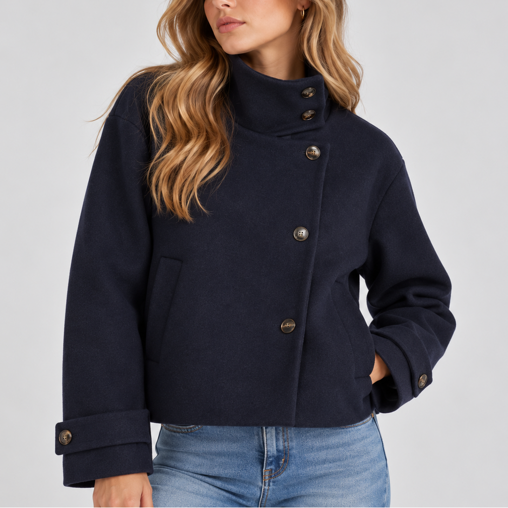 Eloise | Faux Fur Trim Cropped Puffer Jacket Coat — Navy