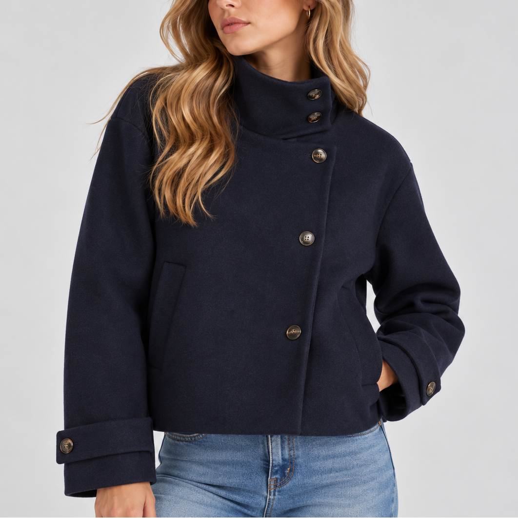 Eloise | Faux Fur Trim Cropped Puffer Jacket Coat — Navy
