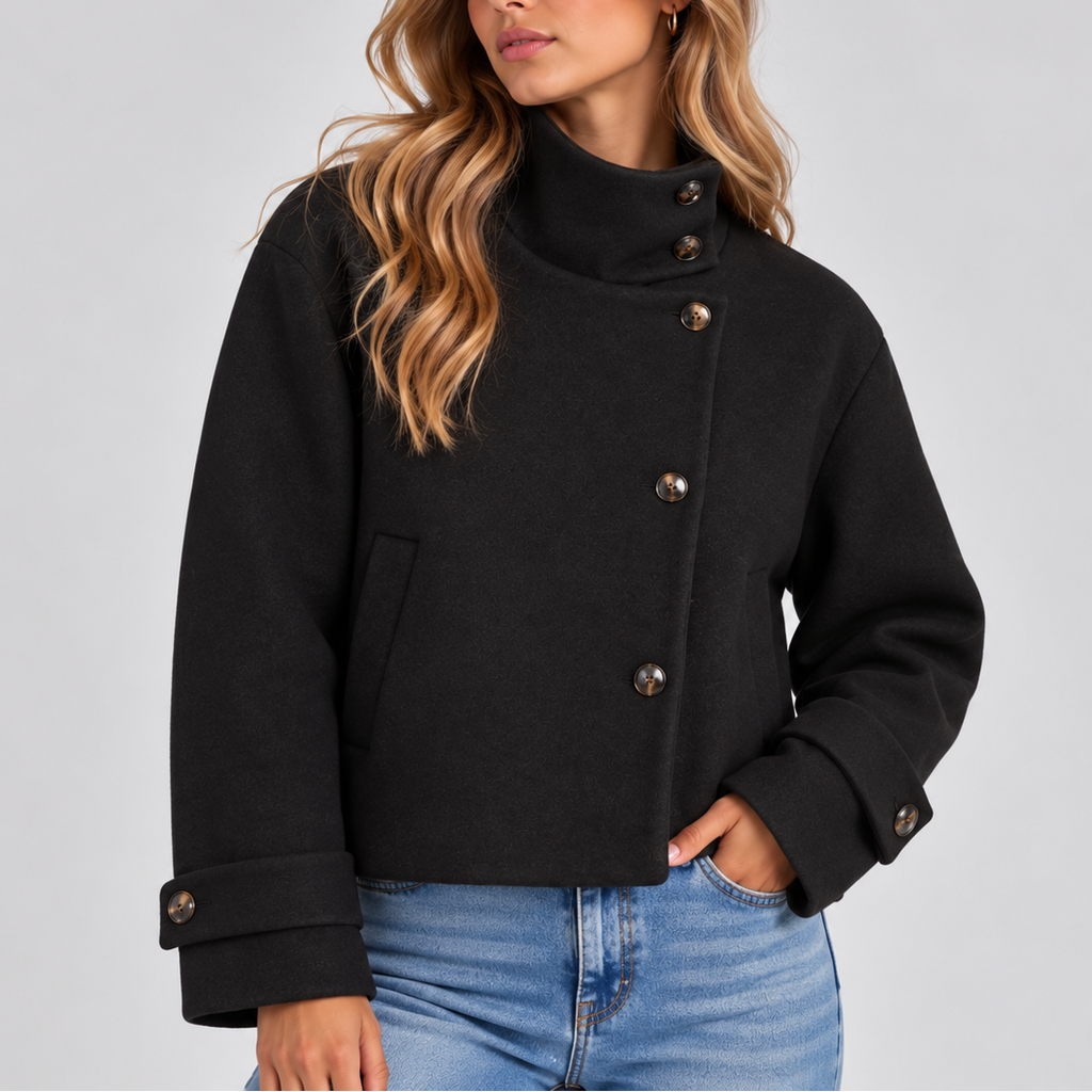 Eloise | Faux Fur Trim Cropped Puffer Jacket Coat — Black