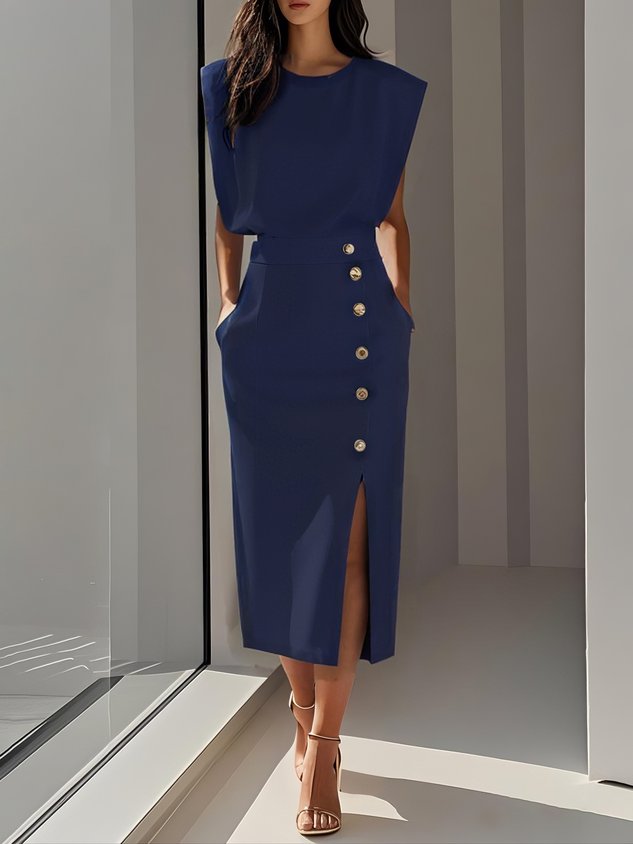 Octavia | Women Formal Midi Dress With Button Slit Detail — Blue