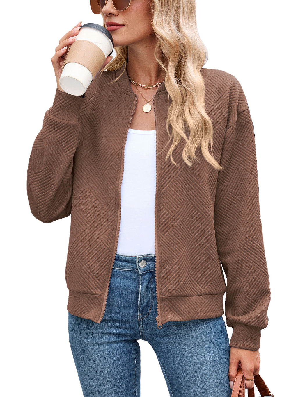 Clemence | Cropped Brown Quilted Leather Puffer Bomber Jacket — Apricot