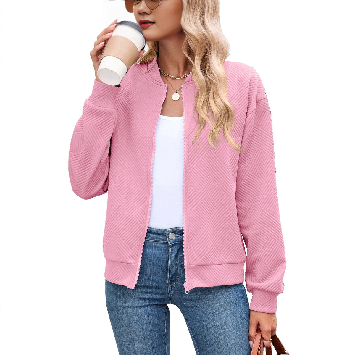 Clemence | Cropped Brown Quilted Leather Puffer Bomber Jacket — Pink