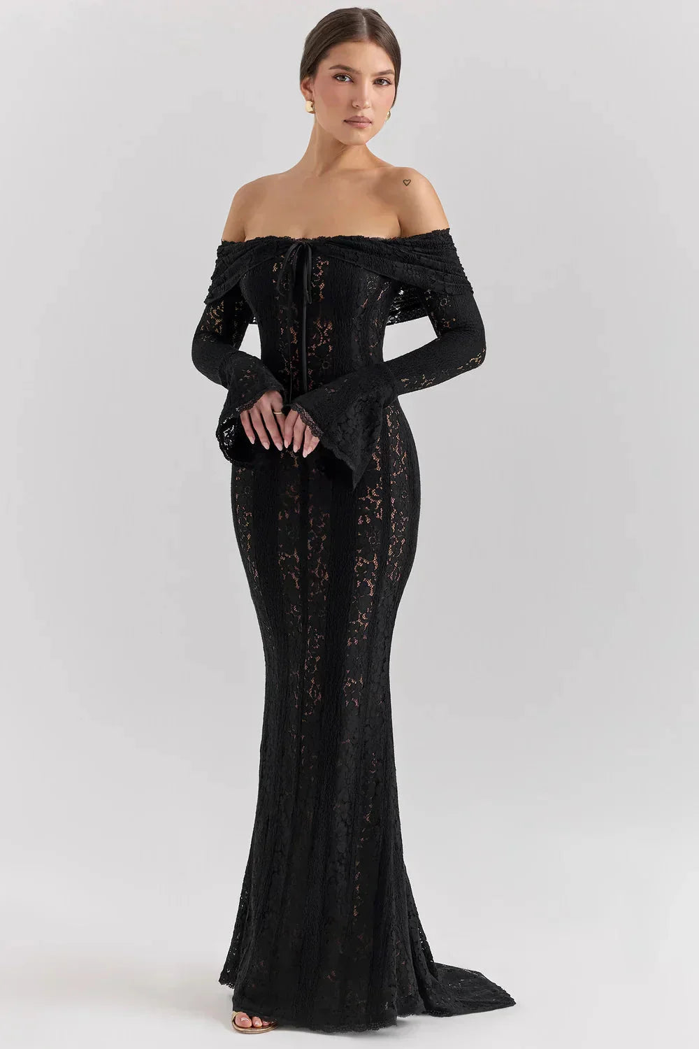 Giselle | Off Shoulder Lace Evening Maxi Dresses For Women — Black