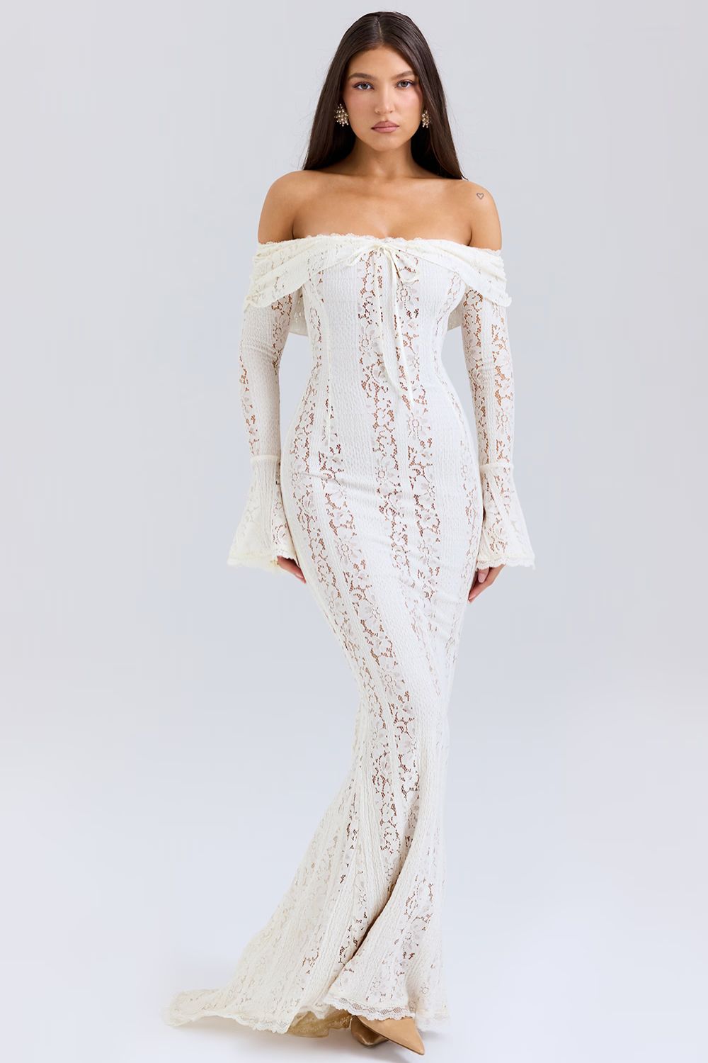 Giselle | Off Shoulder Lace Evening Maxi Dresses For Women — White