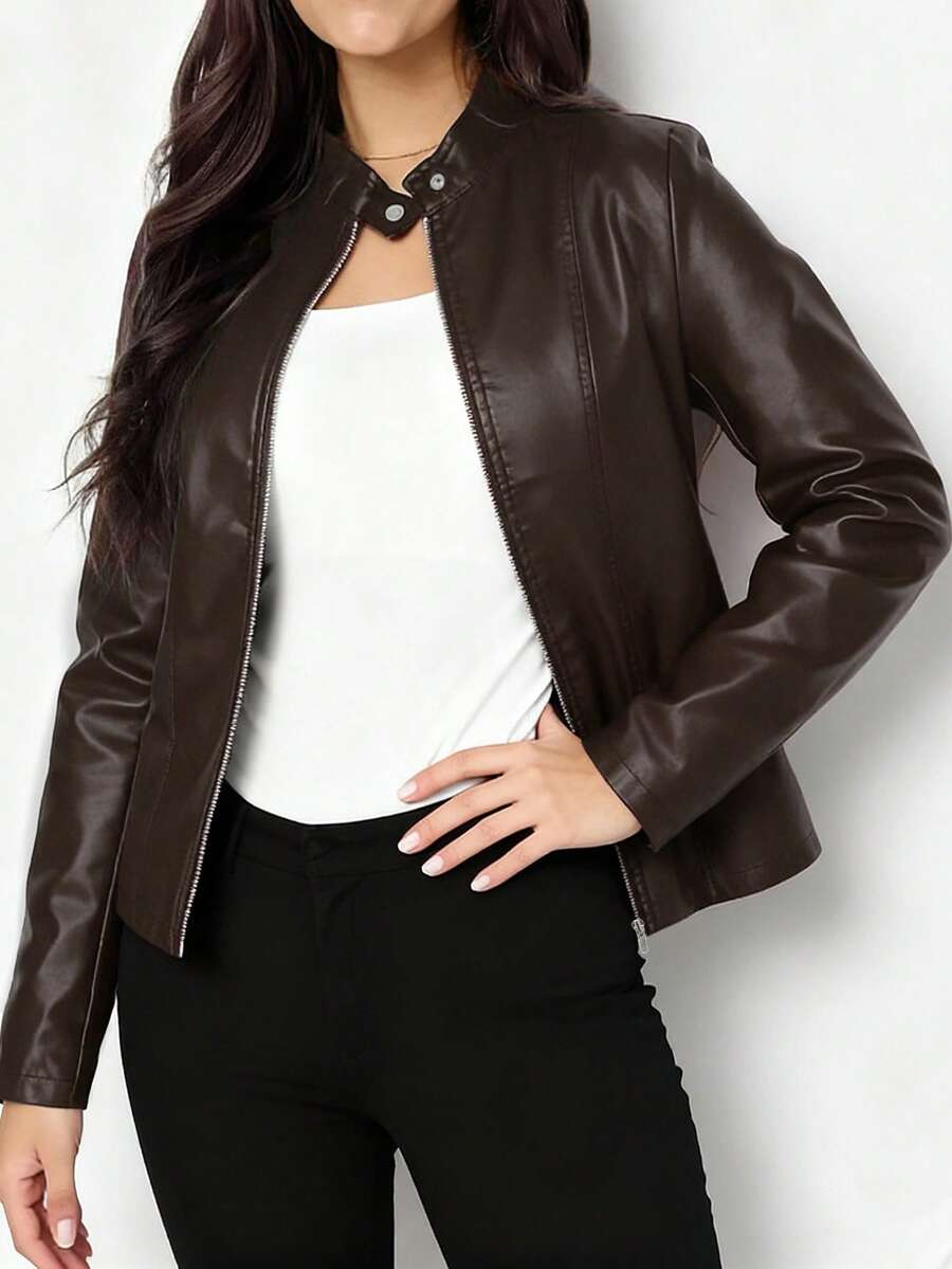 Aurelia | Faux Leather Biker Jacket Black Casual Layering — Brown