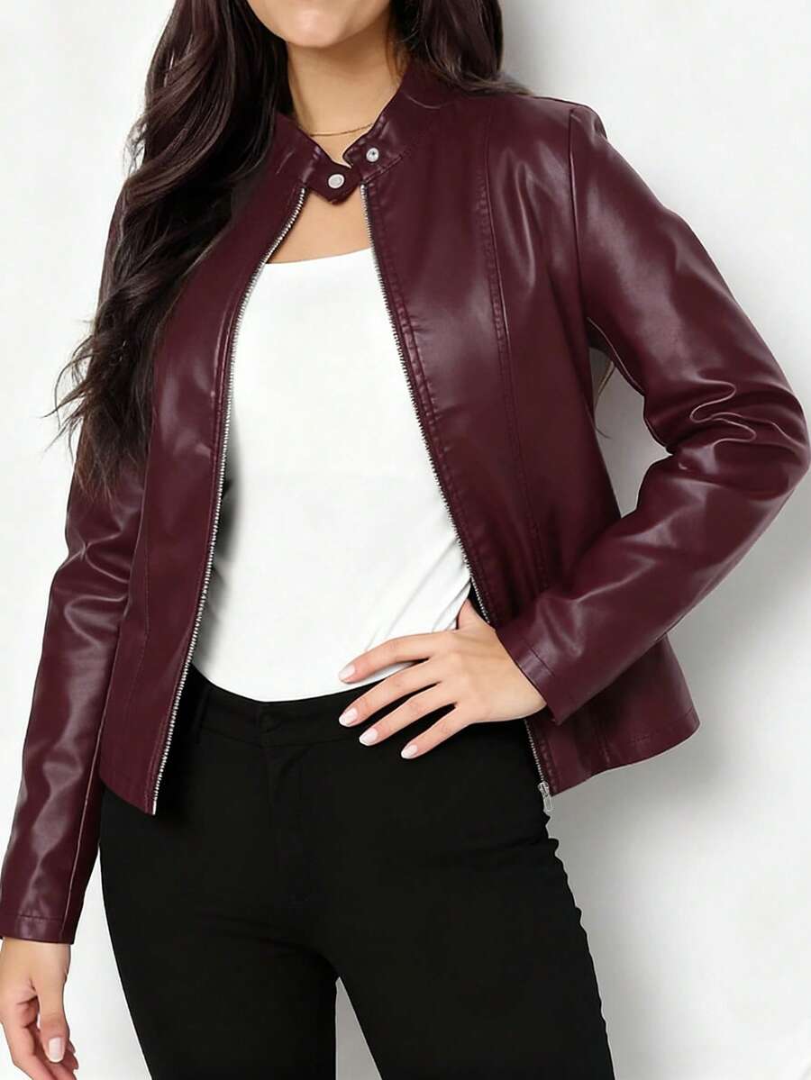 Aurelia | Faux Leather Biker Jacket Black Casual Layering — Burgundy