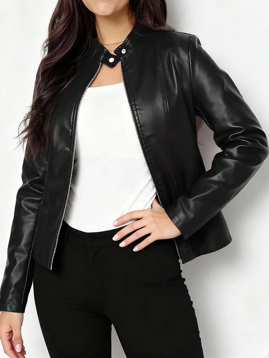 Aurelia | Faux Leather Biker Jacket Black Casual Layering — Black