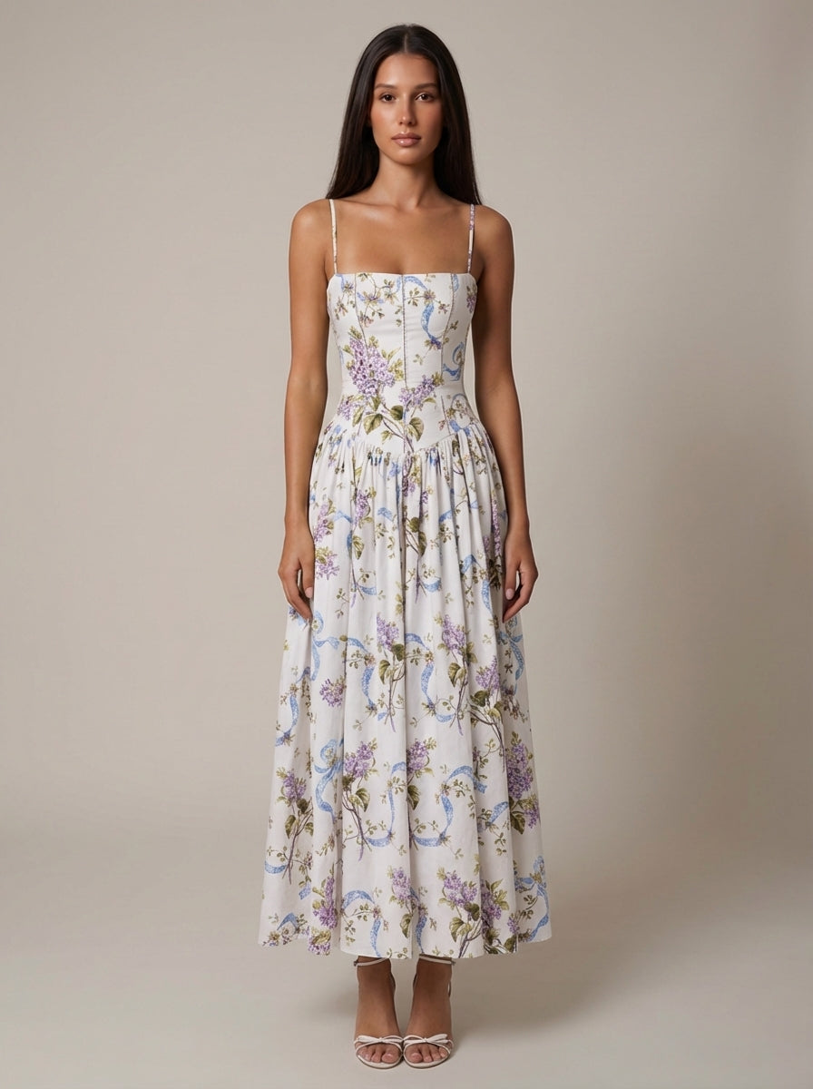Odette | Elegant Floral V-Neck Midi Dresses For Wedding Guests