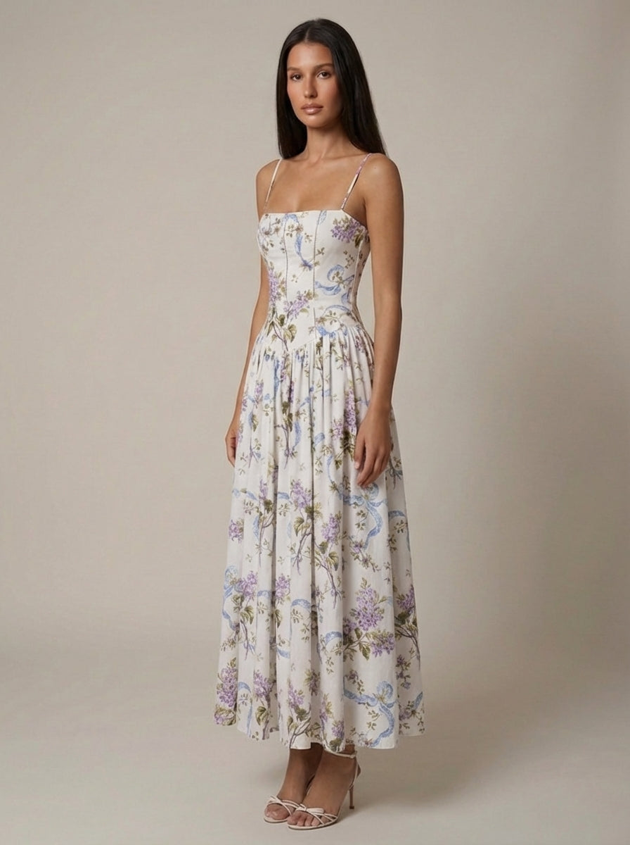 Odette | Elegant Floral V-Neck Midi Dresses For Wedding Guests