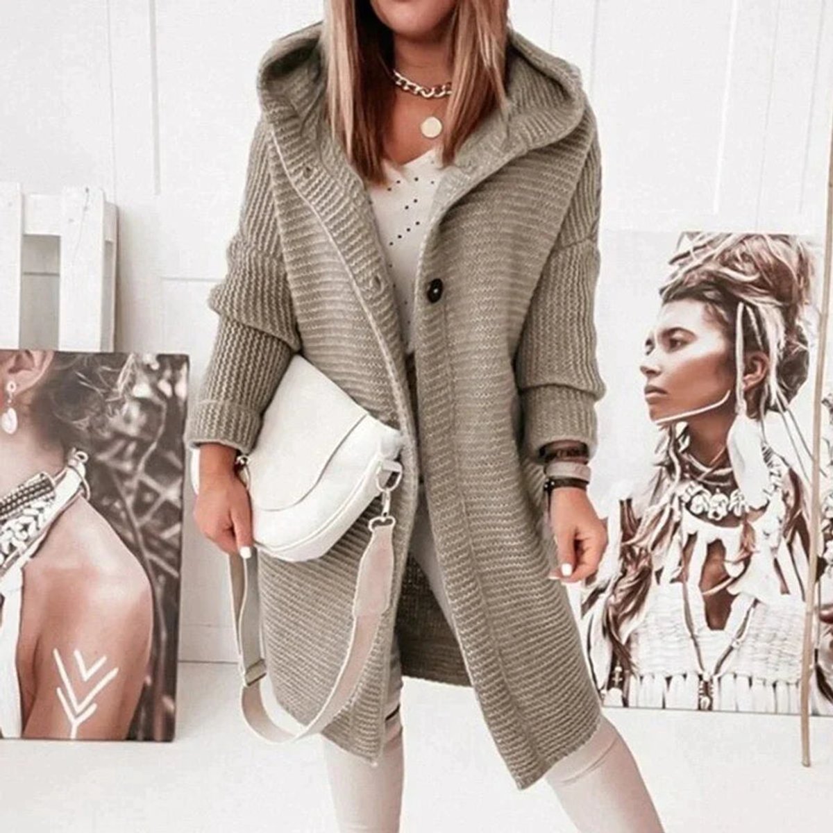Isadora | Oversized Cable Knit Hooded Long Sweater Cardigan — Beige