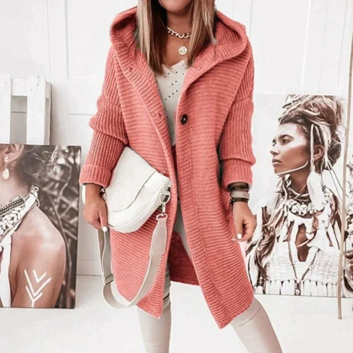 Isadora | Oversized Cable Knit Hooded Long Sweater Cardigan — Red