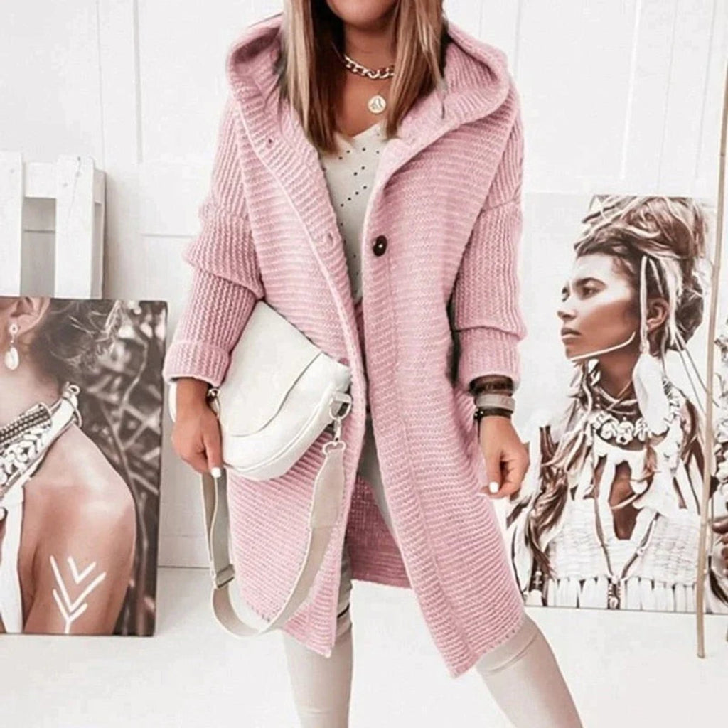 Isadora | Oversized Cable Knit Hooded Long Sweater Cardigan — Pink