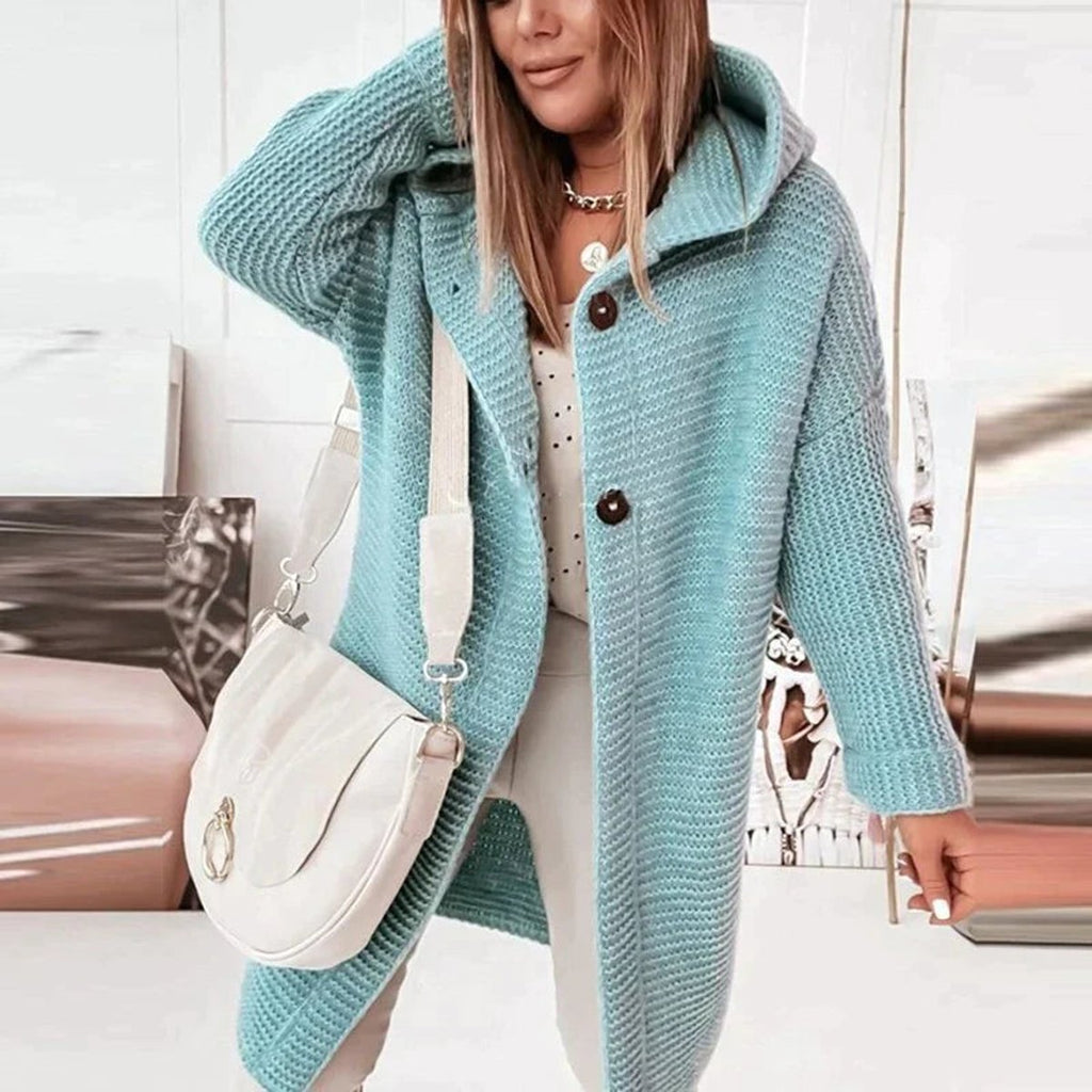 Isadora | Oversized Cable Knit Hooded Long Sweater Cardigan — Blue