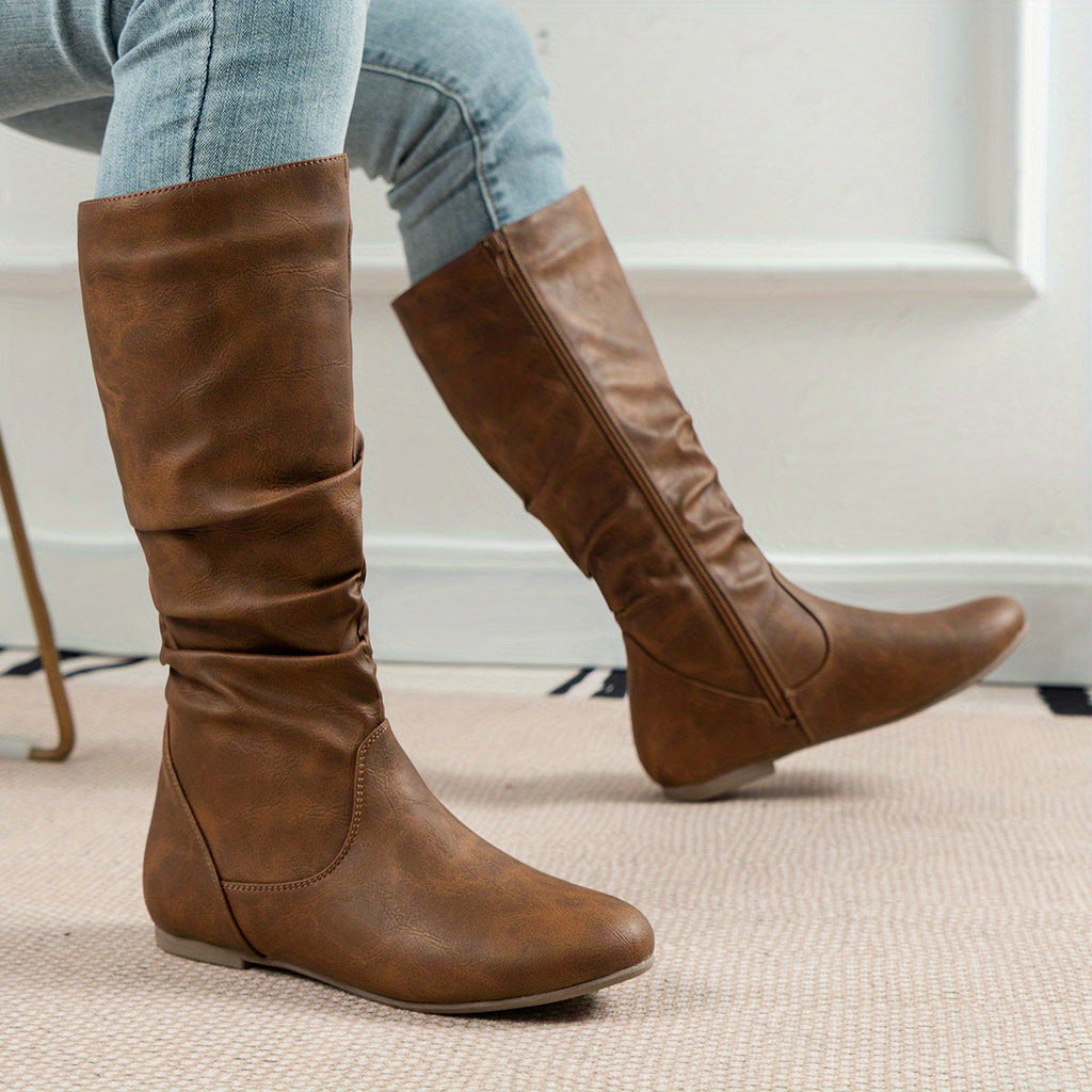 Apolline | Black Knee High Flat Heel Slouchy Boots — Light Brown