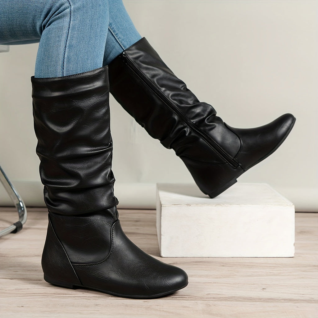 Apolline | Black Knee High Flat Heel Slouchy Boots