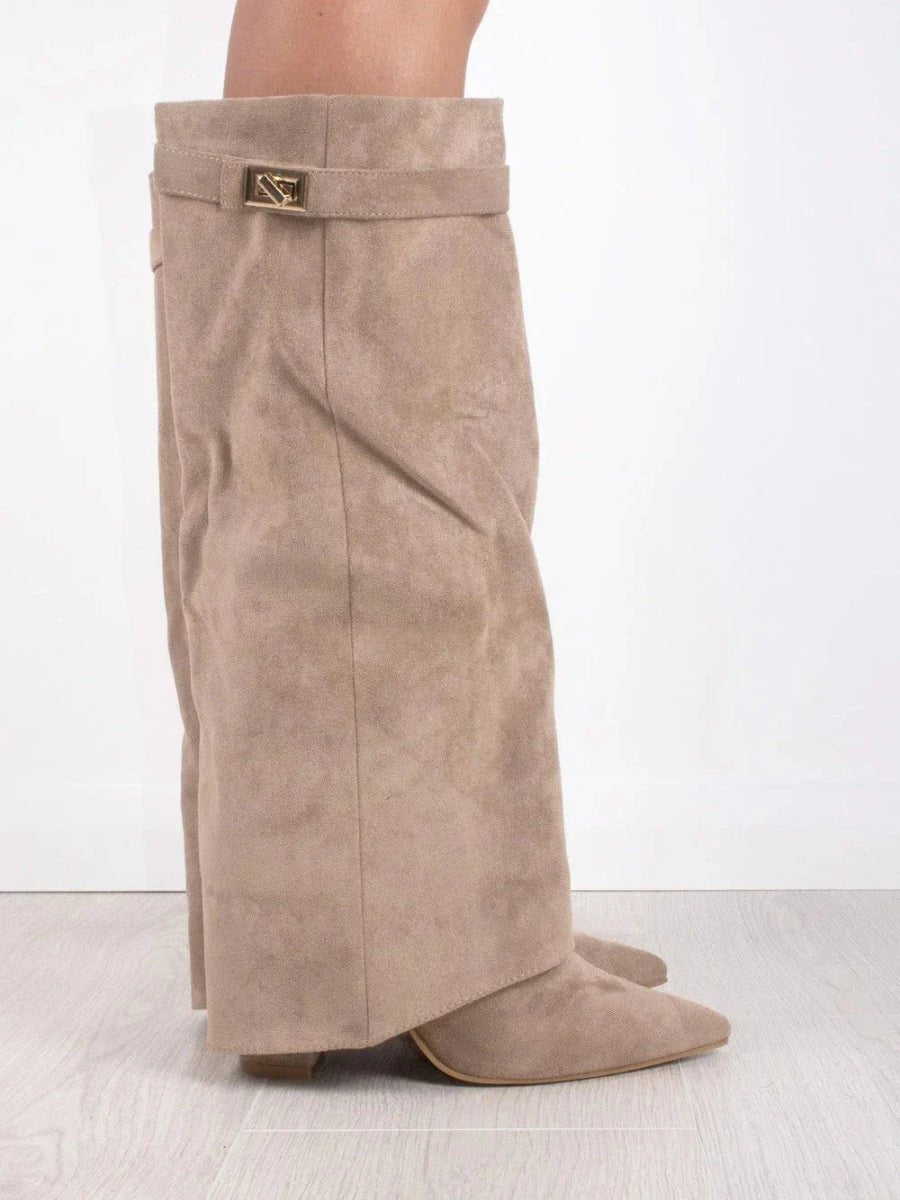Helena | Black Suede Knee High Heeled Boots With Block Ankle Heel — Beige