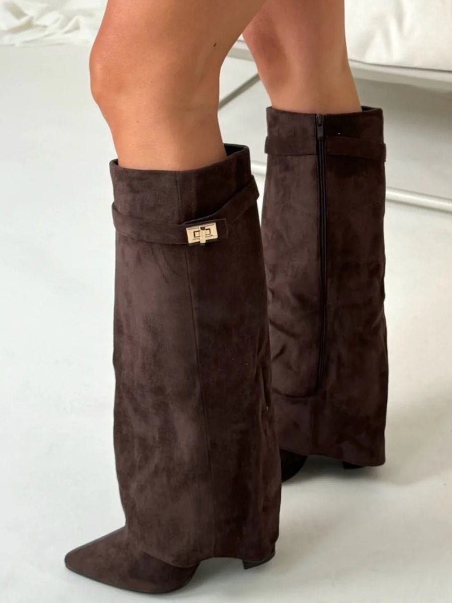 Helena | Black Suede Knee High Heeled Boots With Block Ankle Heel — Dark Brown