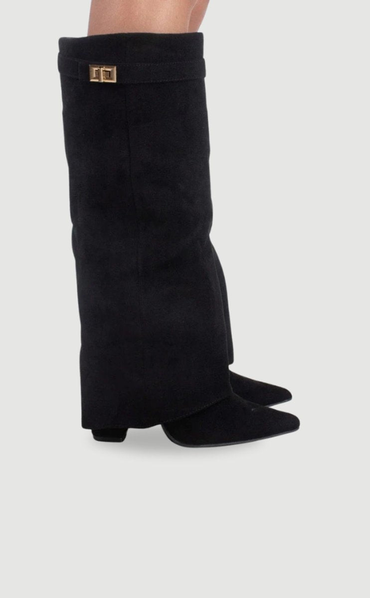 Helena | Black Suede Knee High Heeled Boots With Block Ankle Heel