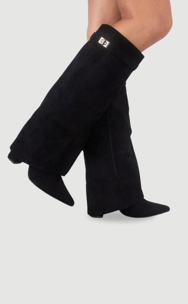 Helena | Black Suede Knee High Heeled Boots With Block Ankle Heel
