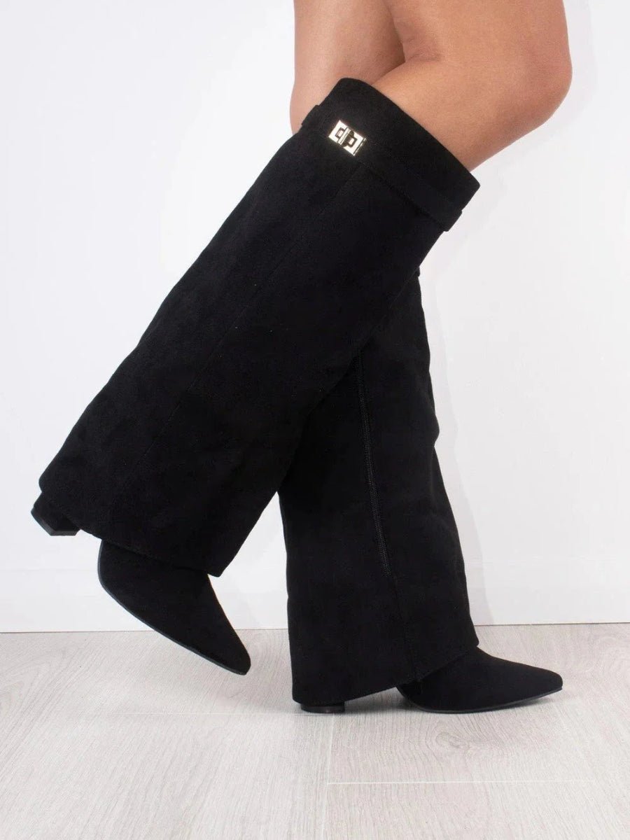 Helena | Black Suede Knee High Heeled Boots With Block Ankle Heel