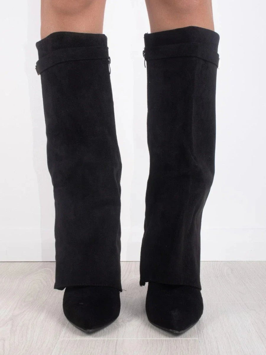 Helena | Black Suede Knee High Heeled Boots With Block Ankle Heel