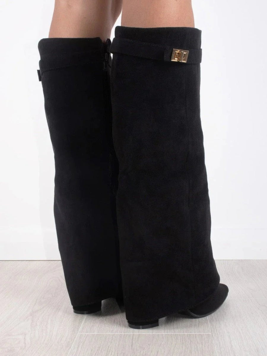 Helena | Black Suede Knee High Heeled Boots With Block Ankle Heel