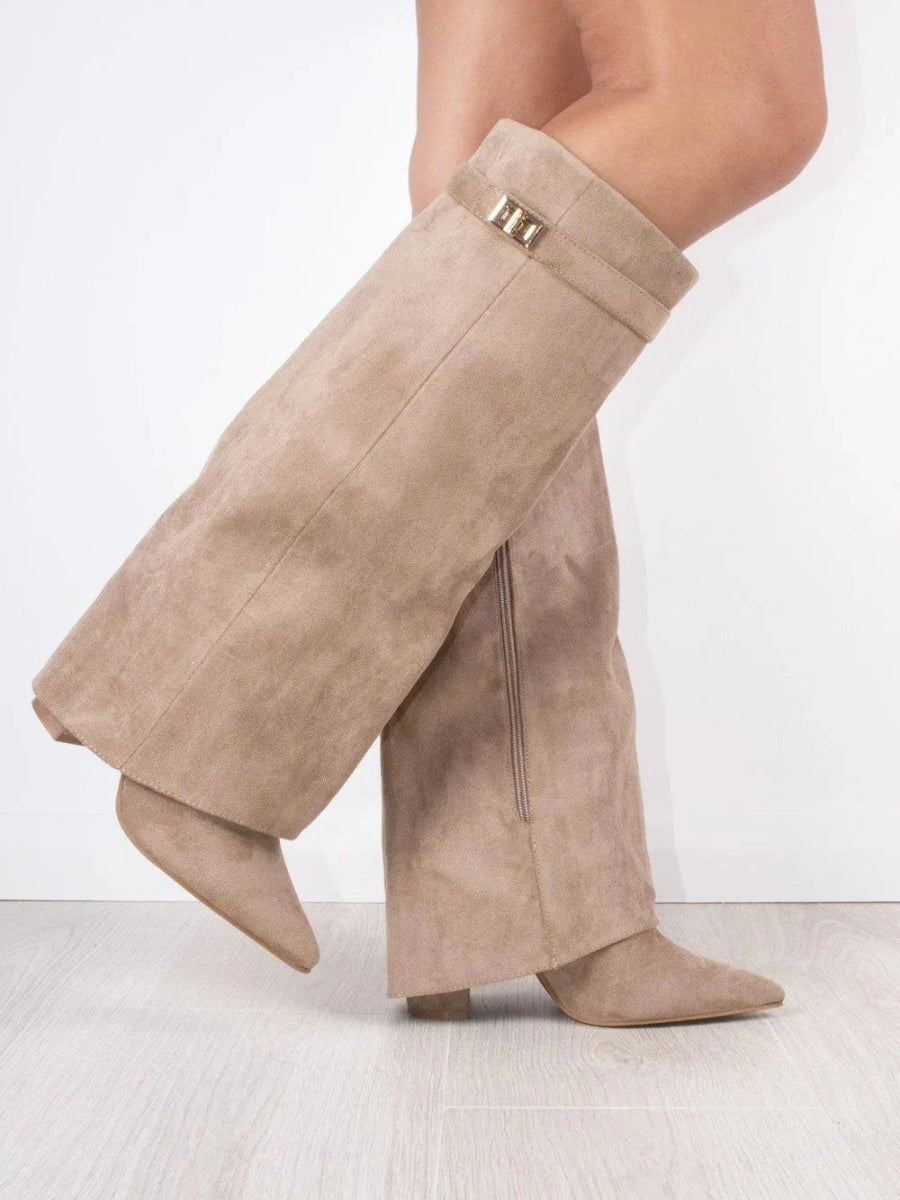 Helena | Black Suede Knee High Heeled Boots With Block Ankle Heel