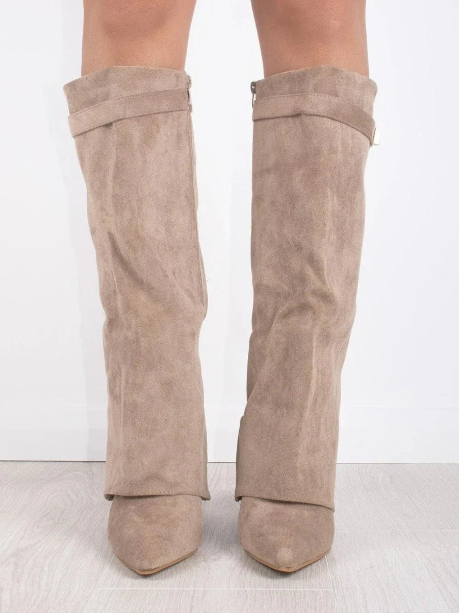 Helena | Black Suede Knee High Heeled Boots With Block Ankle Heel