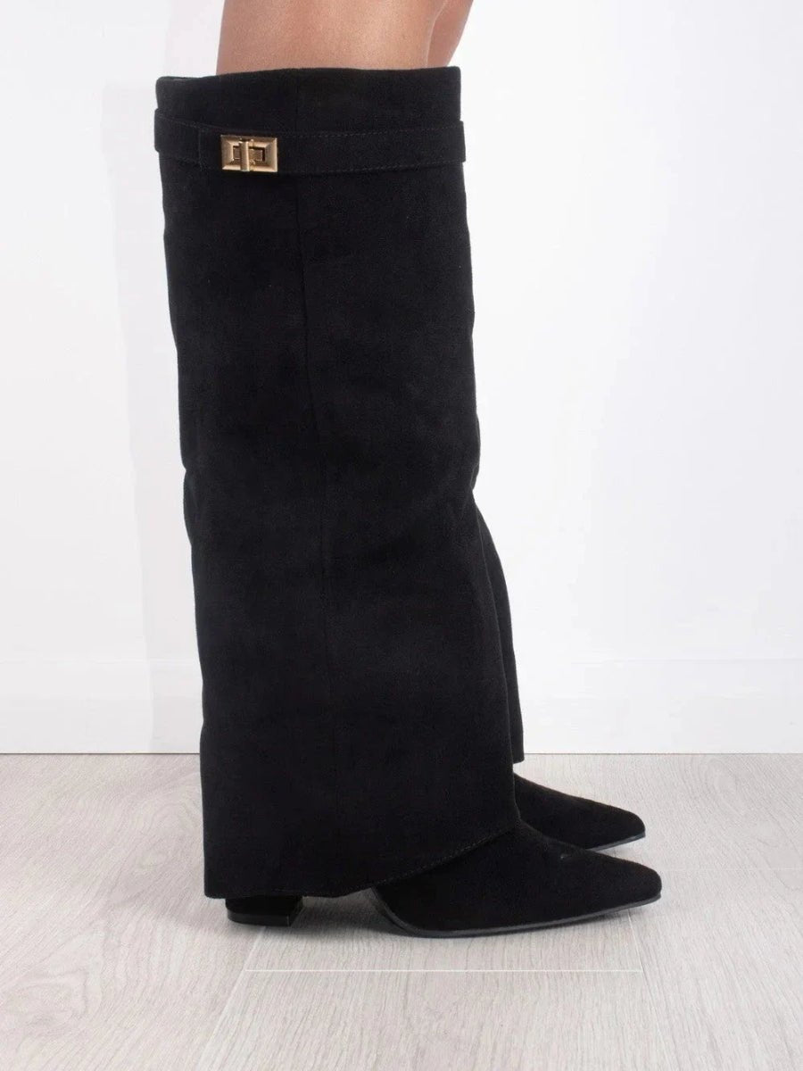Helena | Black Suede Knee High Heeled Boots With Block Ankle Heel — Black