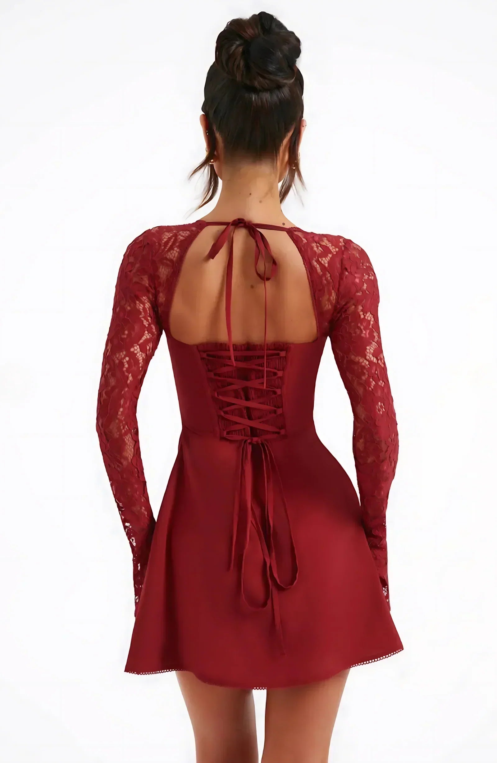 Faustine | Winter Wedding Guest Dresses Lace Long Sleeve Mini