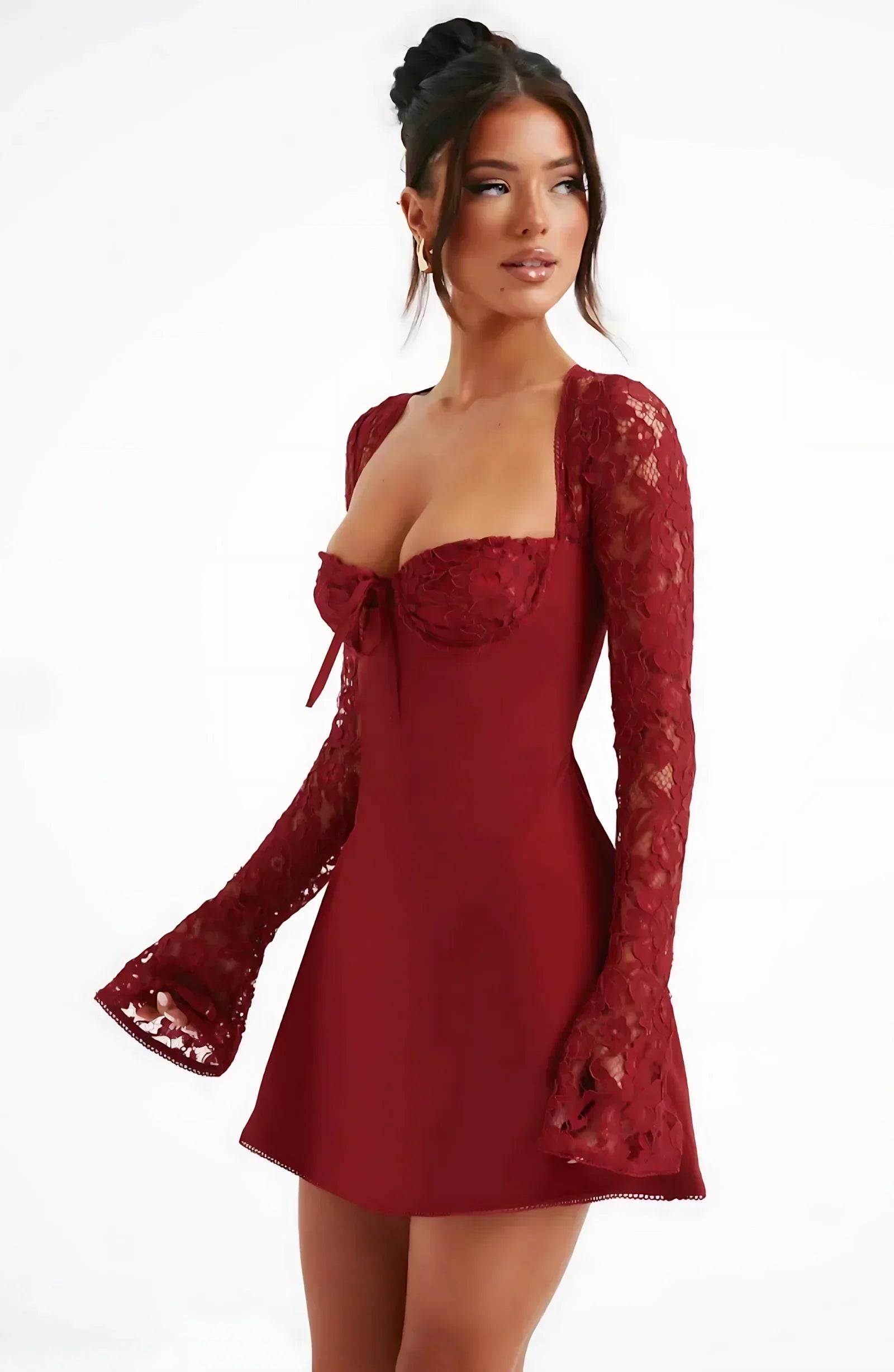 Faustine | Winter Wedding Guest Dresses Lace Long Sleeve Mini