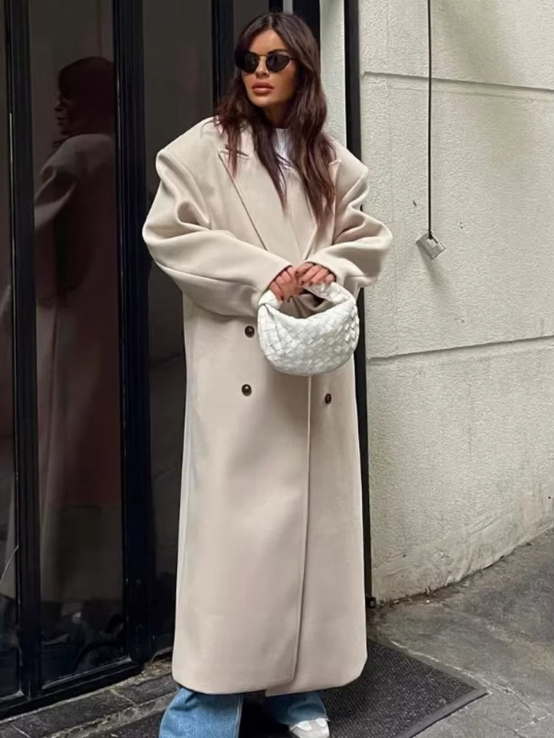 Mirabelle | Longline Double Breasted Black Puffer Long Coat — Beige