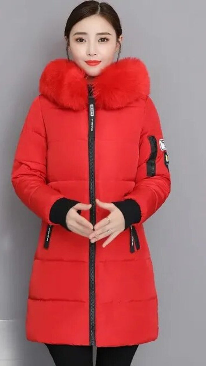 Cosima | Long Winter Parka Coat with Faux Fur Hood & Puffer — Red