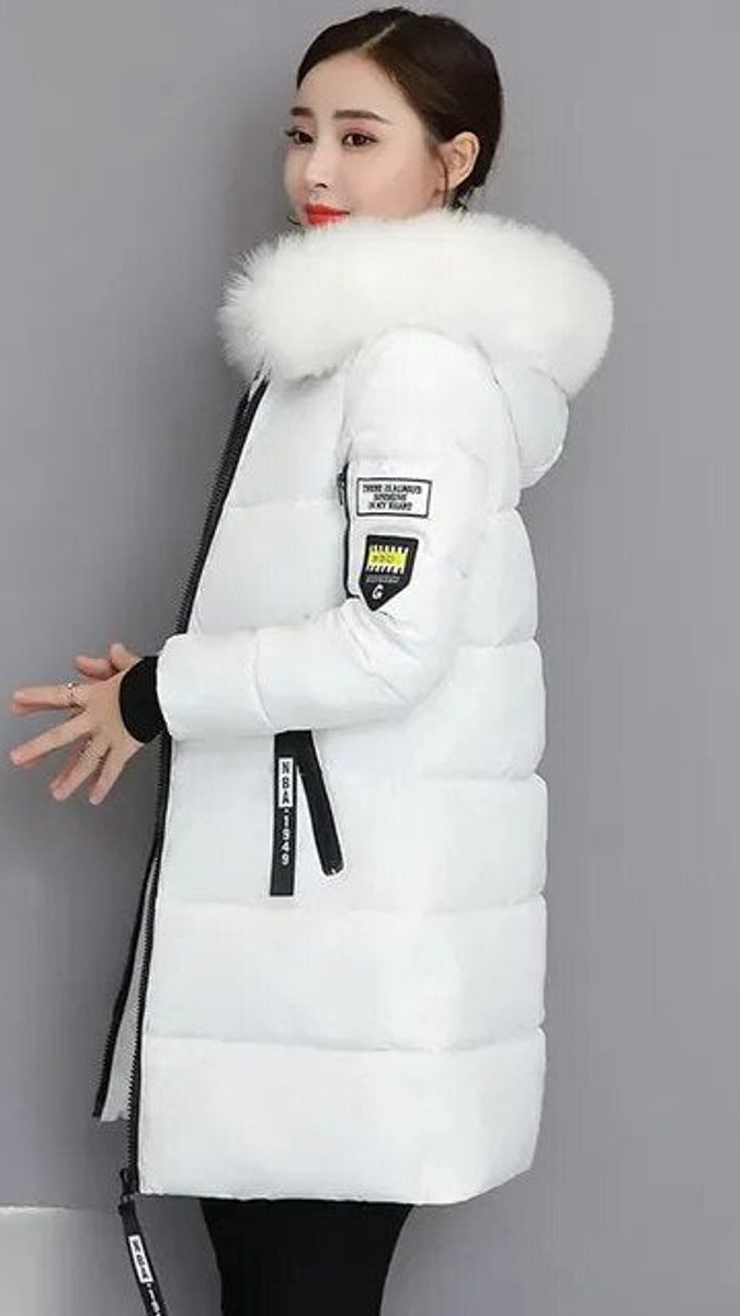 Cosima | Long Winter Parka Coat with Faux Fur Hood & Puffer — White