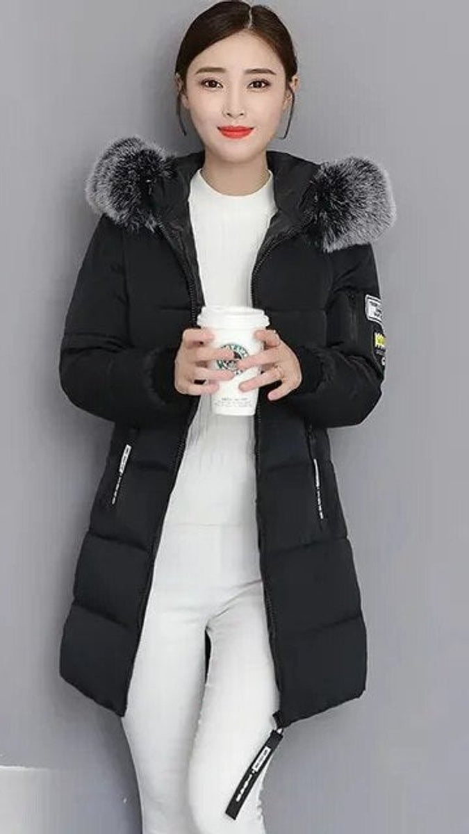 Cosima | Long Winter Parka Coat with Faux Fur Hood & Puffer — Black