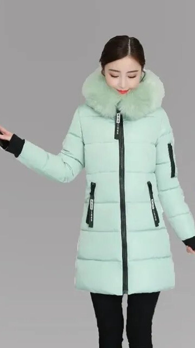 Cosima | Long Winter Parka Coat with Faux Fur Hood & Puffer — Erbsengrün