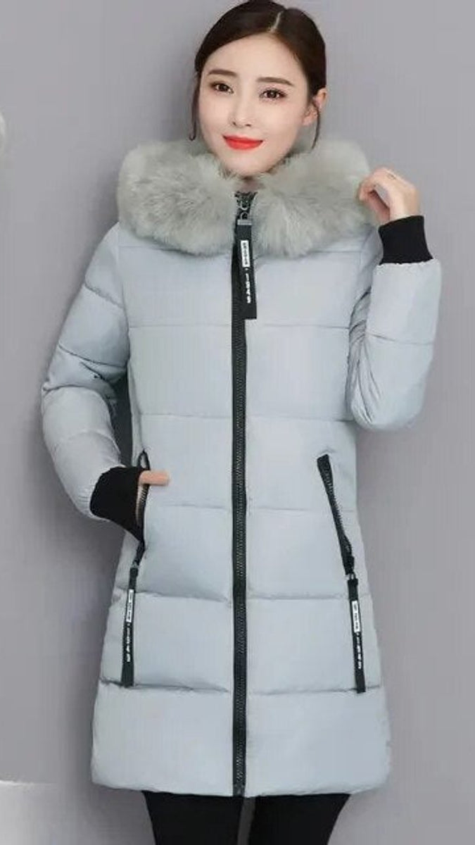Cosima | Long Winter Parka Coat with Faux Fur Hood & Puffer — Gray