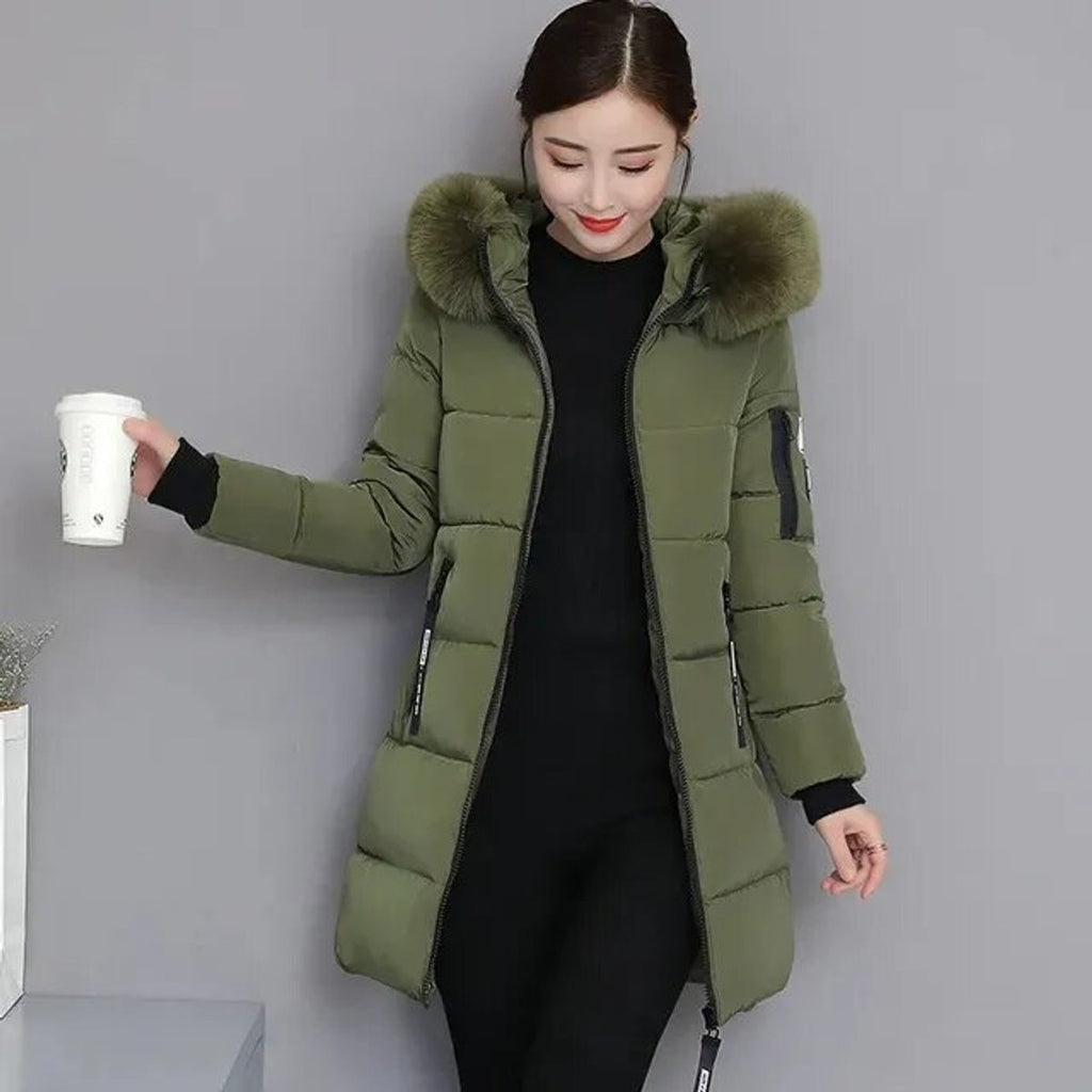 Cosima | Long Winter Parka Coat with Faux Fur Hood & Puffer — Armeegrün
