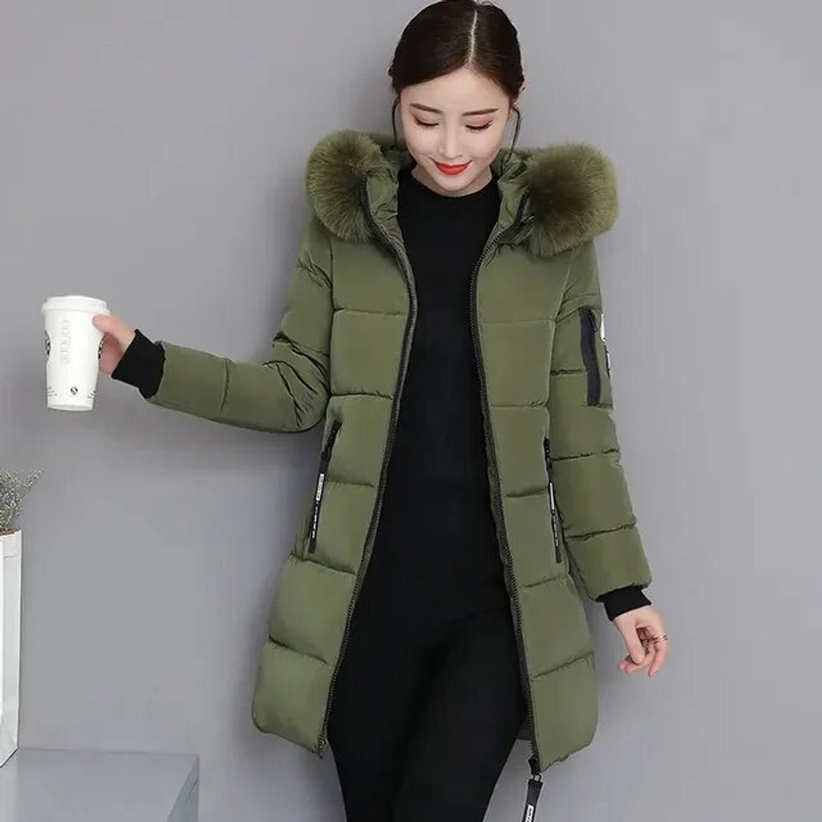 Cosima | Long Winter Parka Coat with Faux Fur Hood & Puffer — Armeegrün