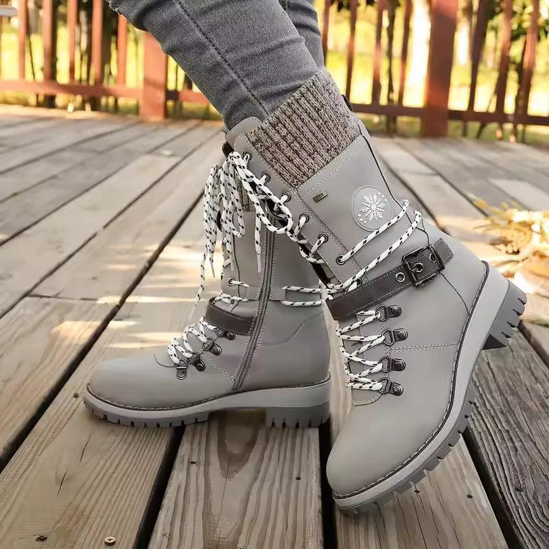 Lucienne | Black Brown Winter Wide Calf Low Heel Lace Boots — Gray