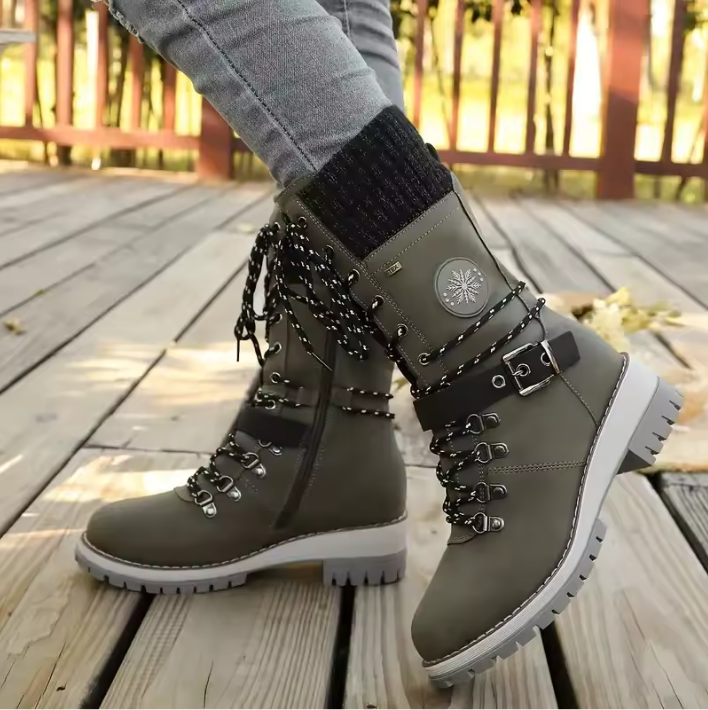 Lucienne | Black Brown Winter Wide Calf Low Heel Lace Boots — Green