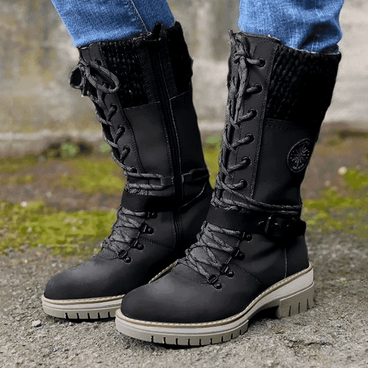 Lucienne | Black Brown Winter Wide Calf Low Heel Lace Boots — Black