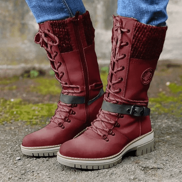 Lucienne | Black Brown Winter Wide Calf Low Heel Lace Boots — Red
