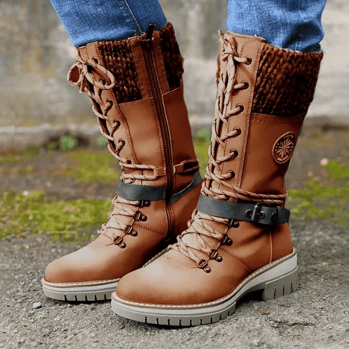 Lucienne | Black Brown Winter Wide Calf Low Heel Lace Boots — Brown