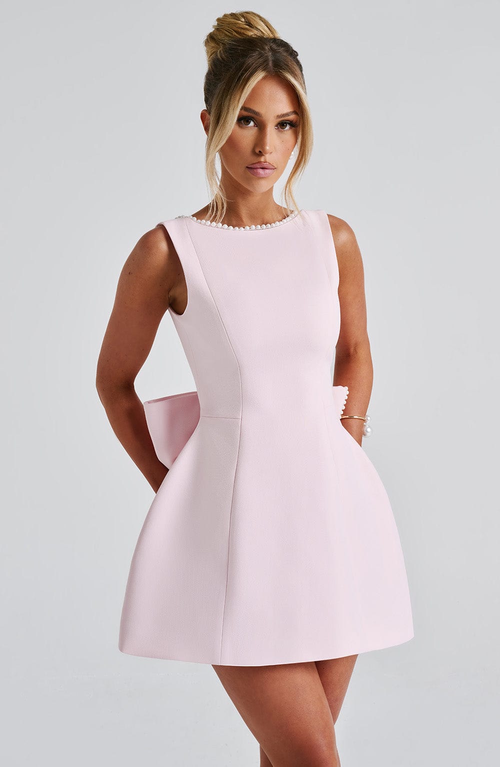 Theodora | Pearl Neck A-Line Mini Wedding Guest Dress