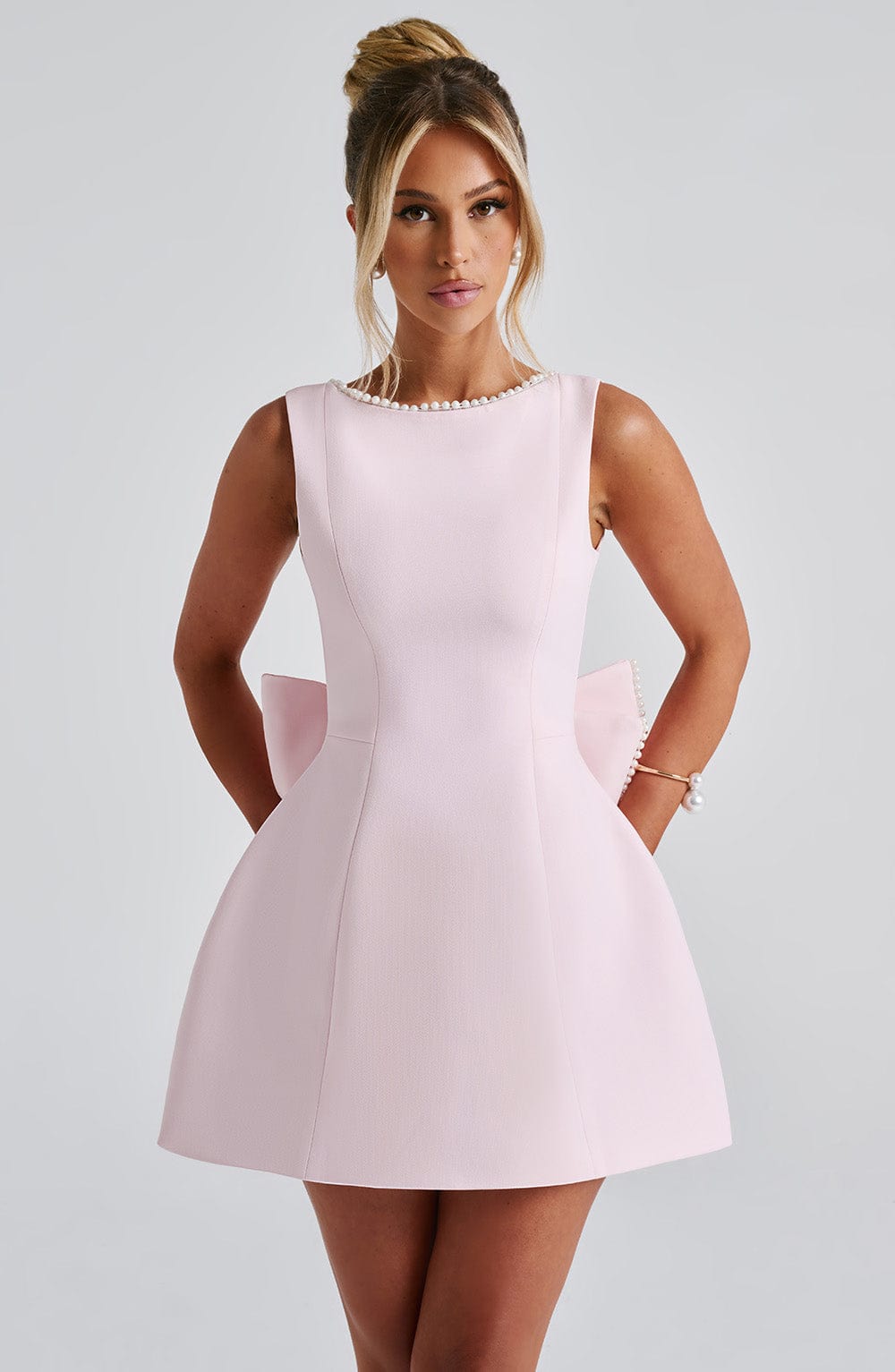 Theodora | Pearl Neck A-Line Mini Wedding Guest Dress