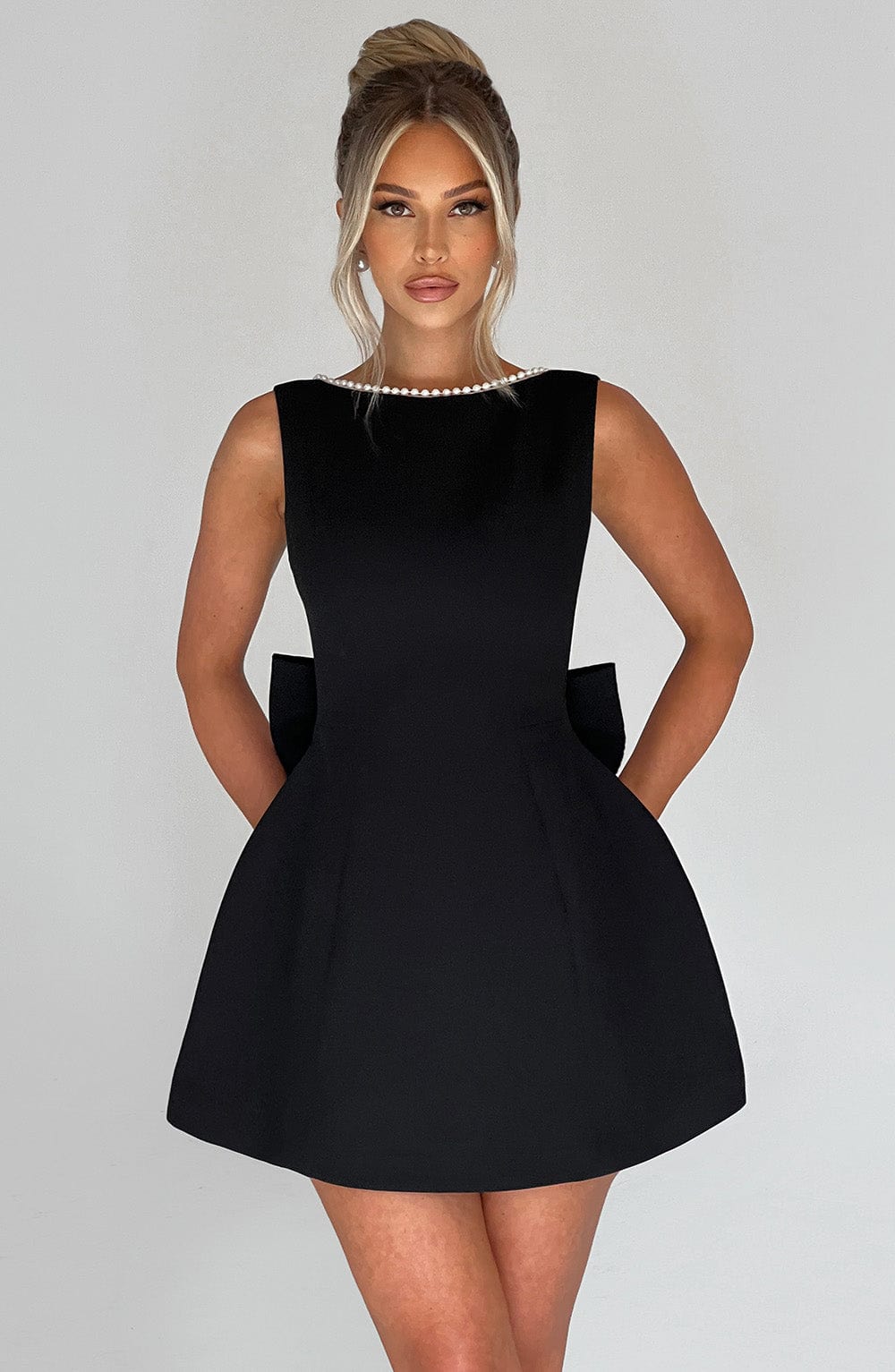 Theodora | Pearl Neck A-Line Mini Wedding Guest Dress